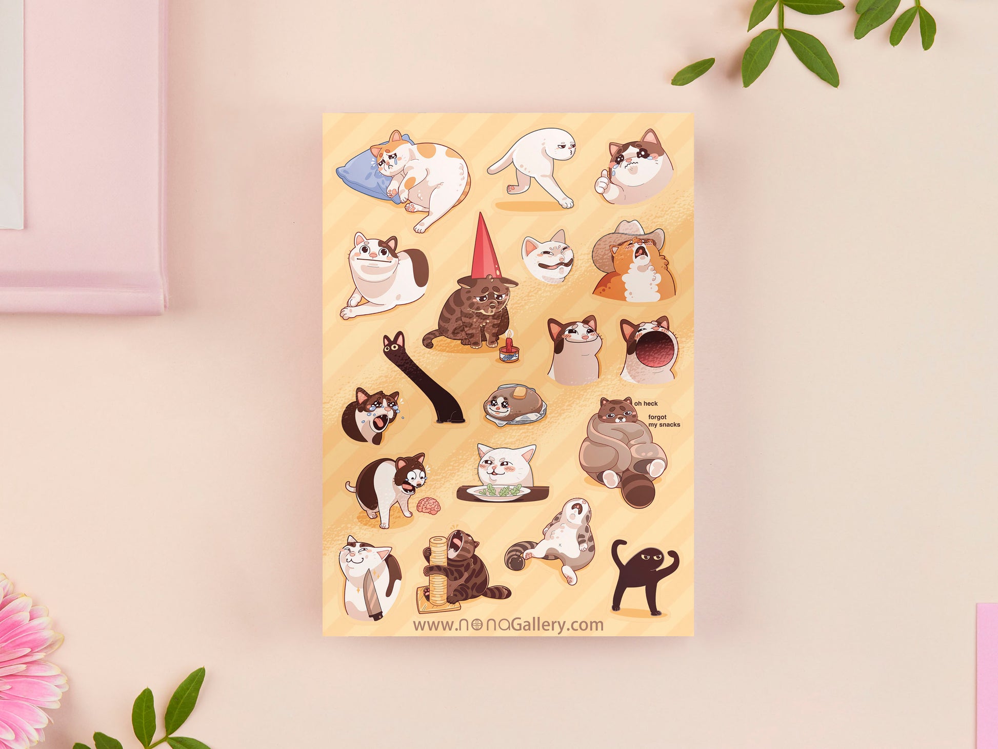 Cute large waterproof gloss vinyl sticker sheet of multiple funny famous viral internet cats