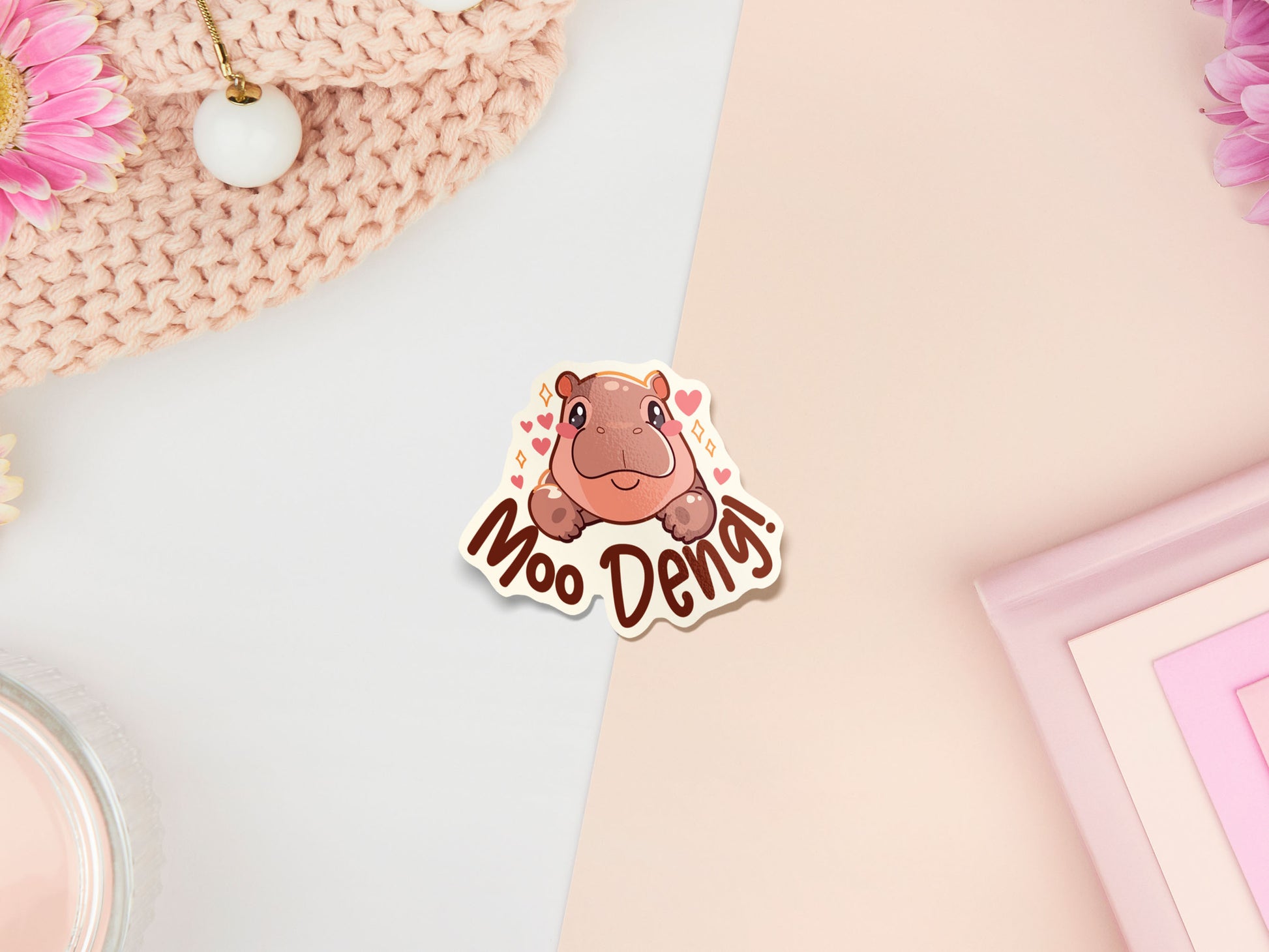 Waterproof gloss vinyl sticker of the cute viral baby pygmy hippo Moo Deng with her hilarious TikTok reactions