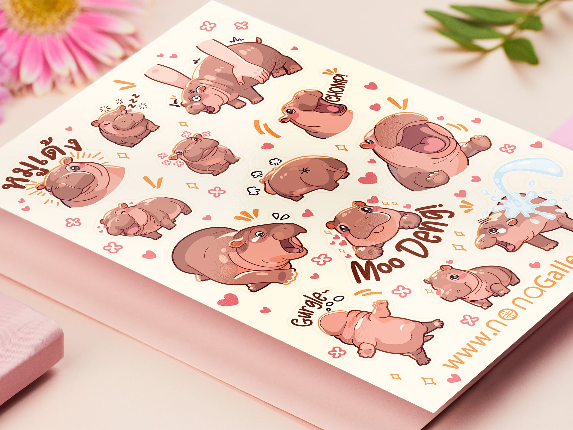 Large waterproof gloss vinyl sticker sheet of multiple cute baby pygmy hippos as well as the viral hippo Moo Deng with her hilarious TikTok reactions