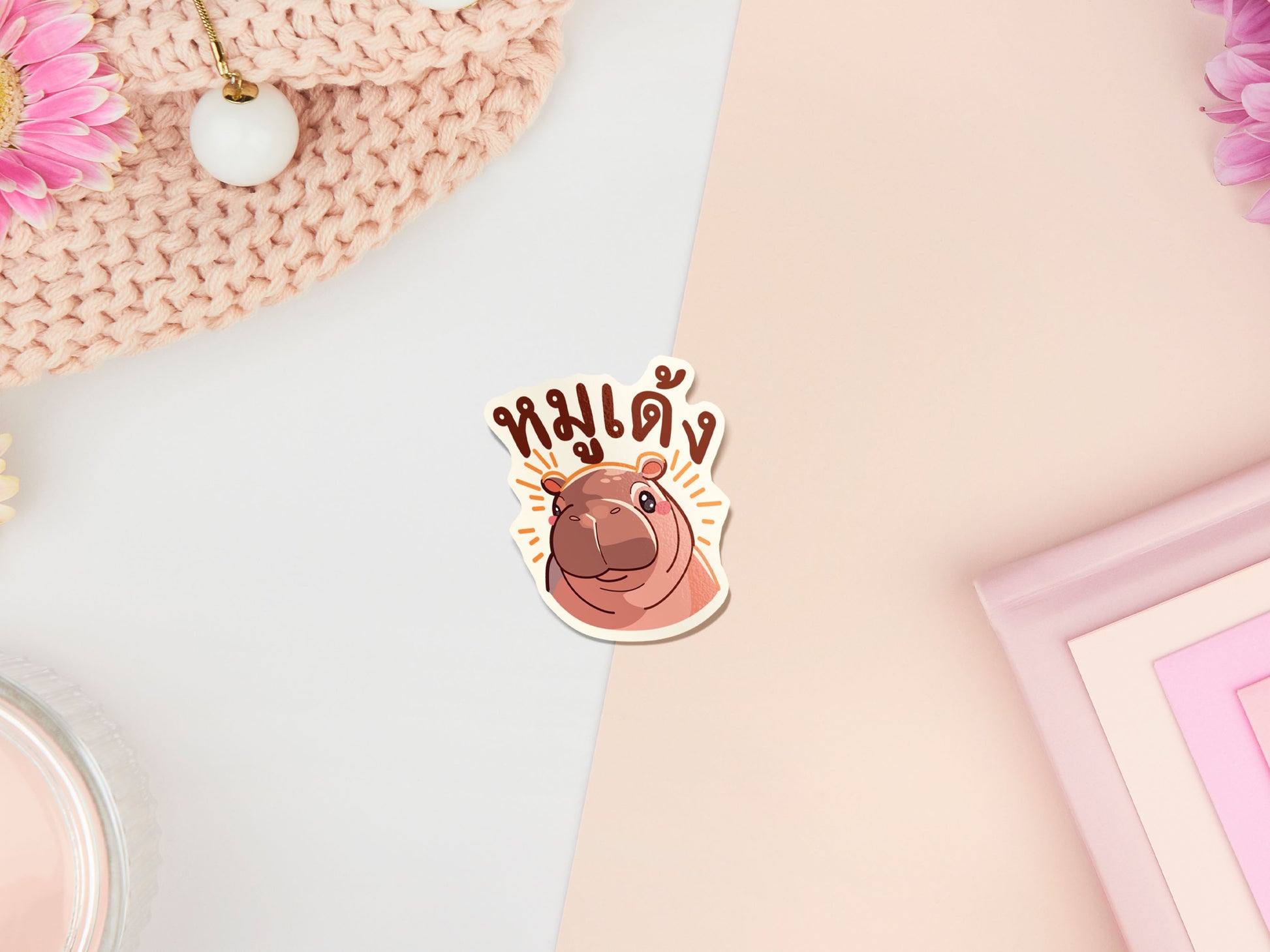 Waterproof gloss vinyl sticker of the cute viral baby pygmy hippo Moo Deng with her hilarious TikTok reactions