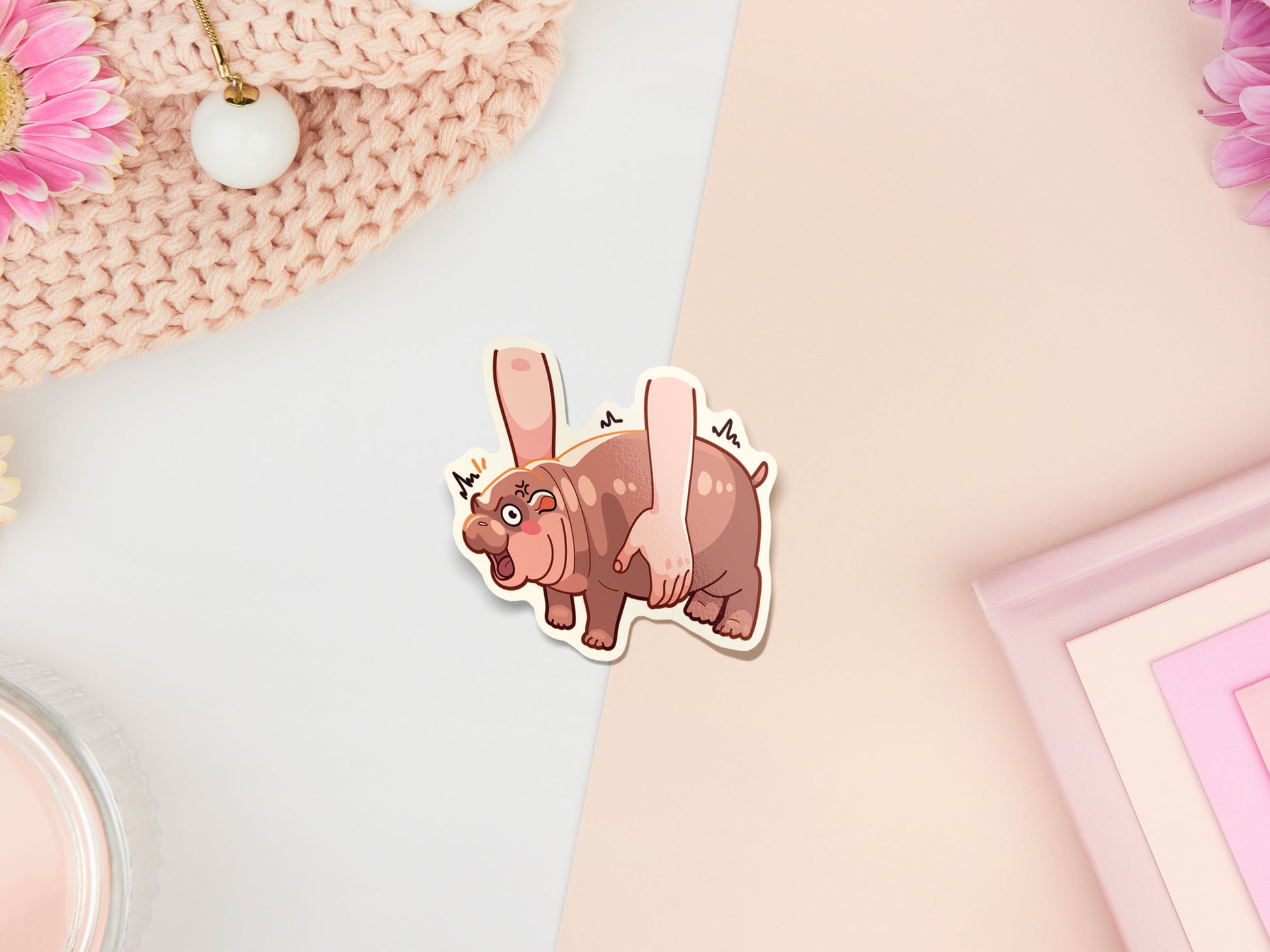 Waterproof gloss vinyl sticker of the cute viral baby pygmy hippo Moo Deng with her hilarious TikTok reactions