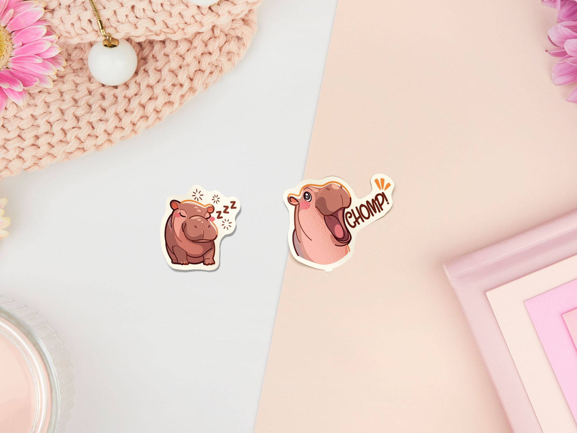 Waterproof gloss vinyl stickers of the cute viral baby pygmy hippo Moo Deng with her hilarious TikTok reactions