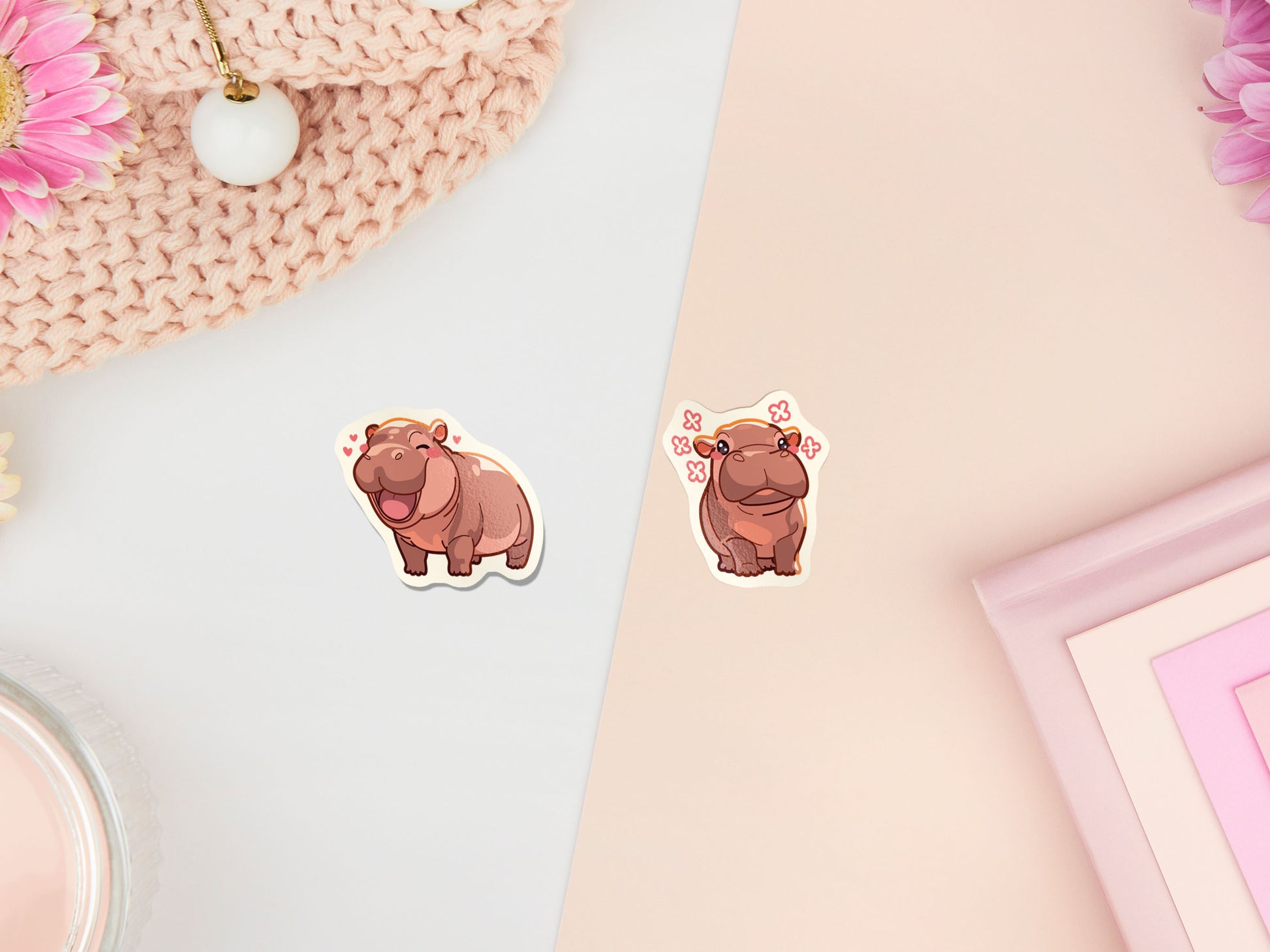 Waterproof gloss vinyl stickers of the cute viral baby pygmy hippo Moo Deng with her hilarious TikTok reactions