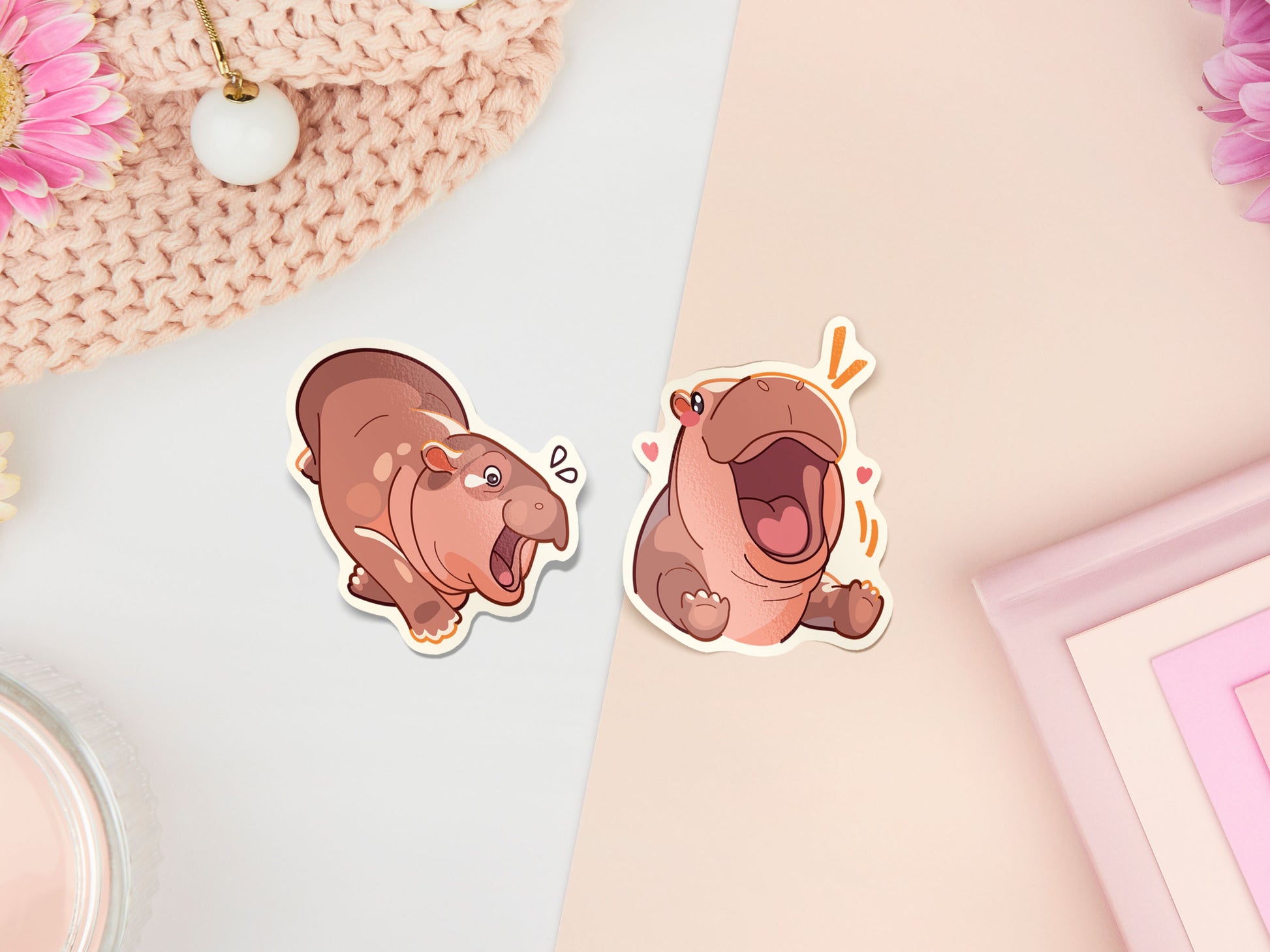 Waterproof gloss vinyl stickers of the cute viral baby pygmy hippo Moo Deng with her hilarious TikTok reactions