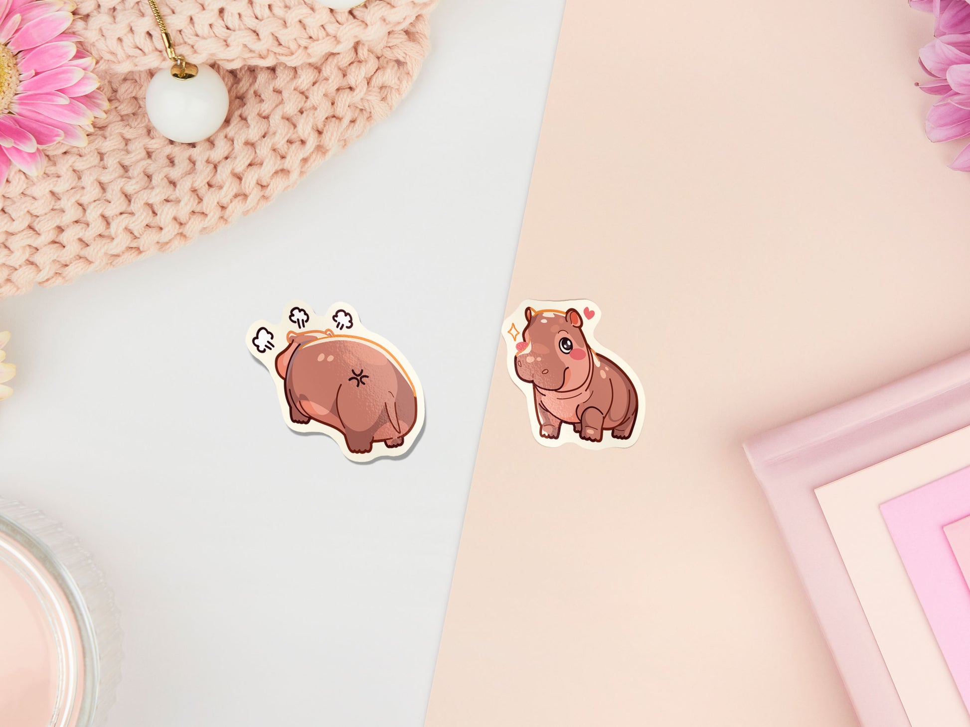 Waterproof gloss vinyl stickers of the cute viral baby pygmy hippo Moo Deng with her hilarious TikTok reactions