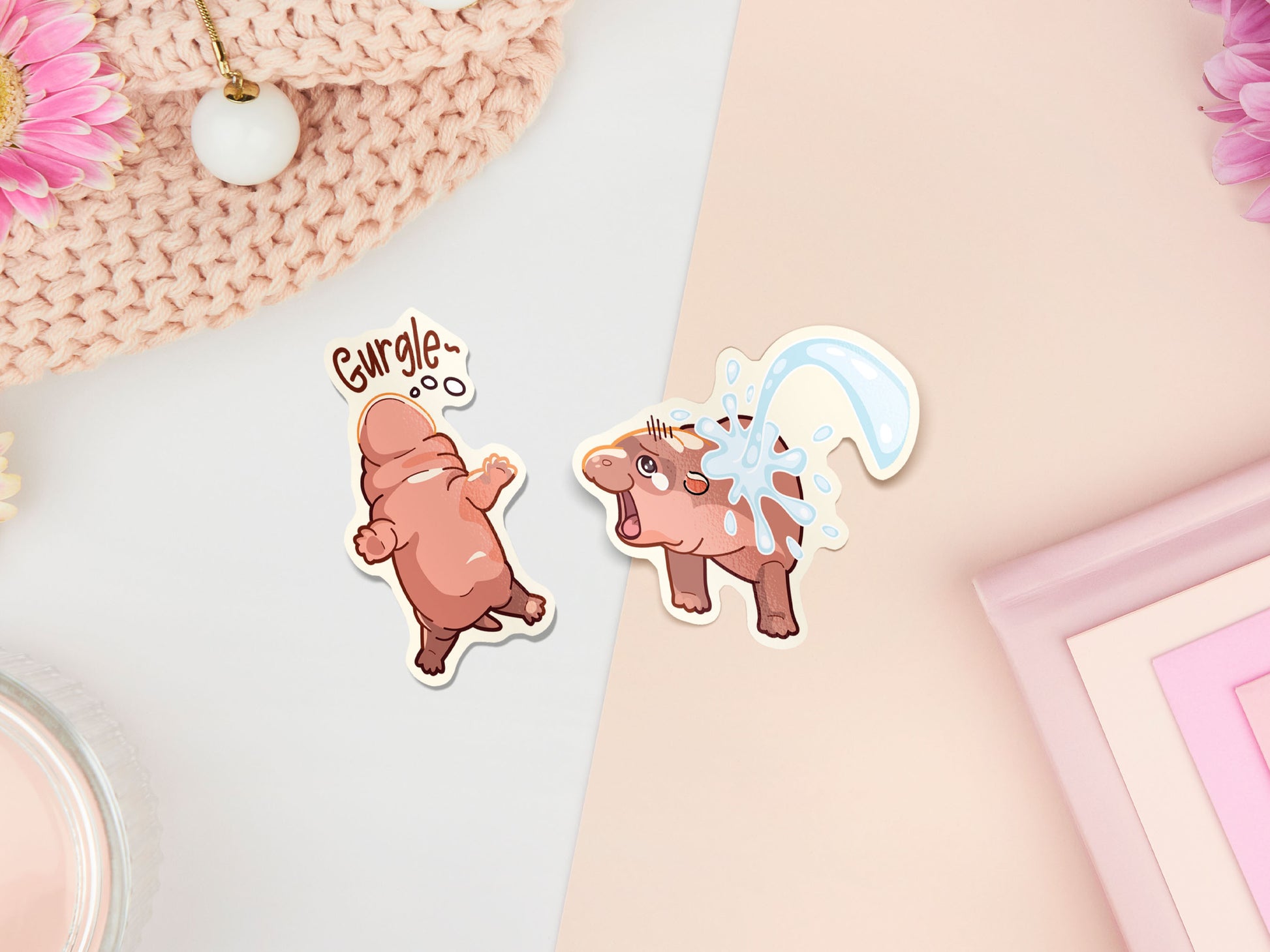 Waterproof gloss vinyl stickers of the cute viral baby pygmy hippo Moo Deng with her hilarious TikTok reactions