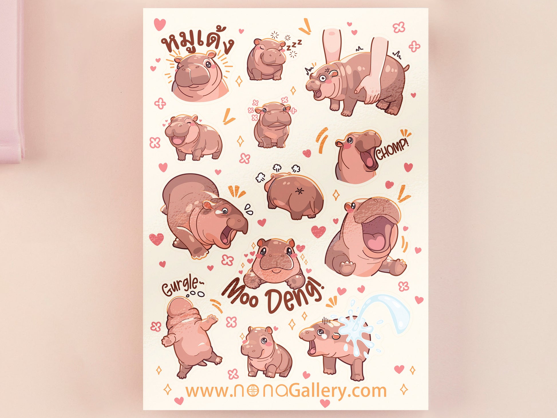 Large waterproof gloss vinyl sticker sheet of multiple cute baby pygmy hippos as well as the viral hippo MooDeng with her hilarious TikTok reactions