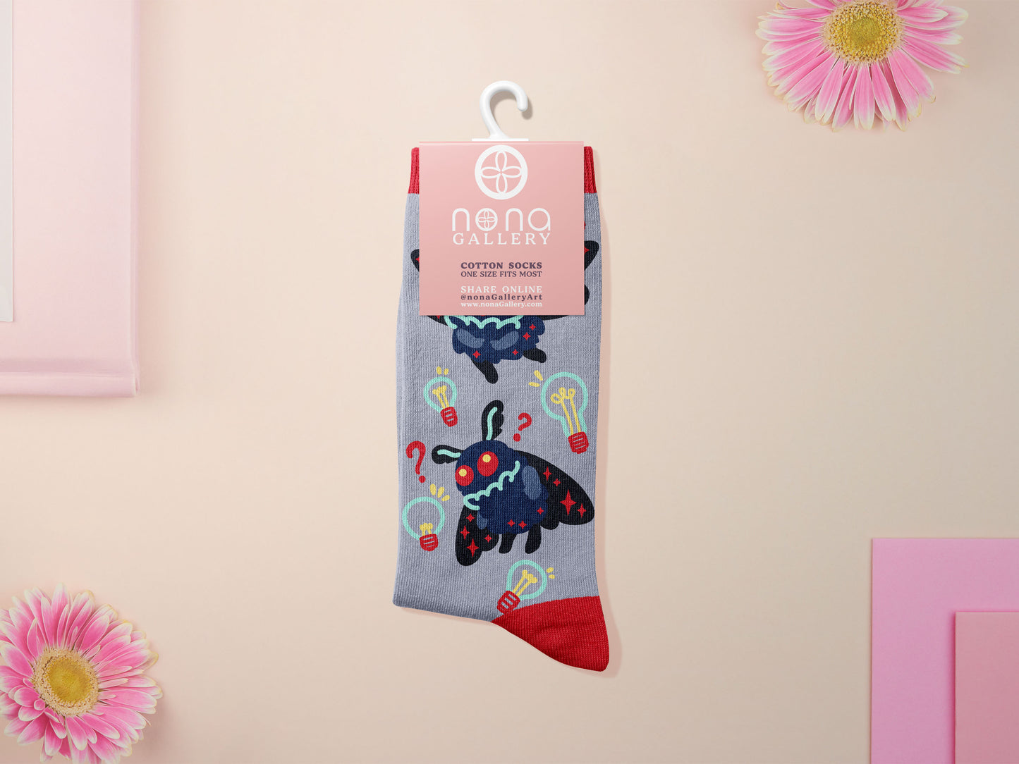 Cute knitted cotton crew socks with a cute chibi mothman fanclub design.