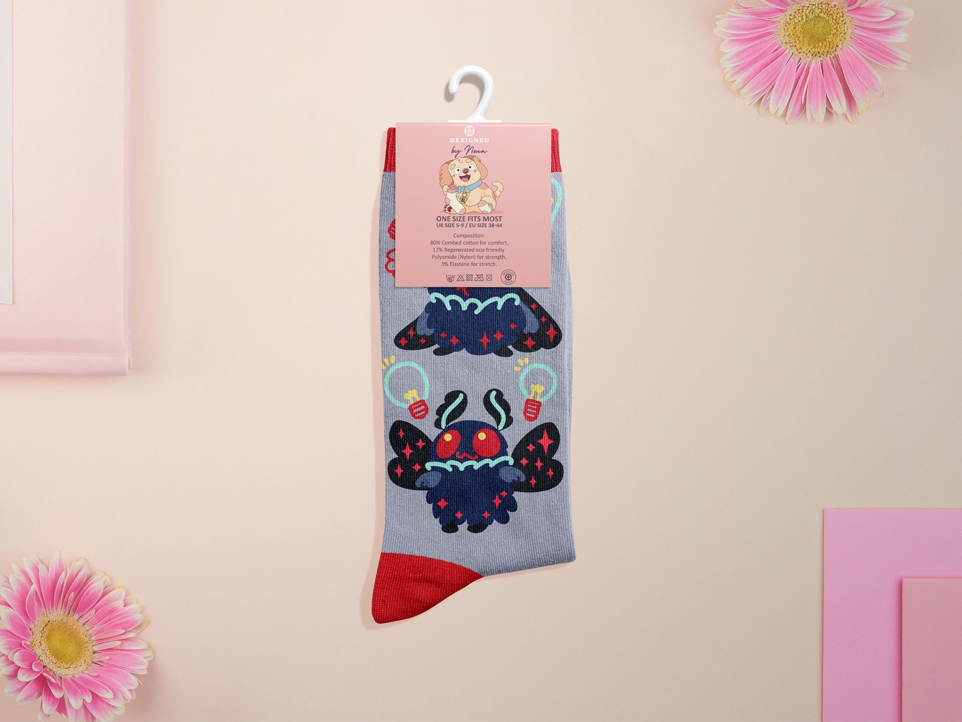 Cute knitted cotton crew socks with a cute chibi mothman fanclub design.