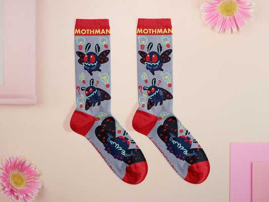 Cute knitted cotton crew socks with a cute chibi mothman fanclub design.