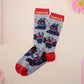 Cute knitted cotton crew socks with a cute chibi mothman fanclub design.