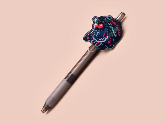 Black ballpoint pen with black ink and a cute chibi mothman cryptid fanclub design.
