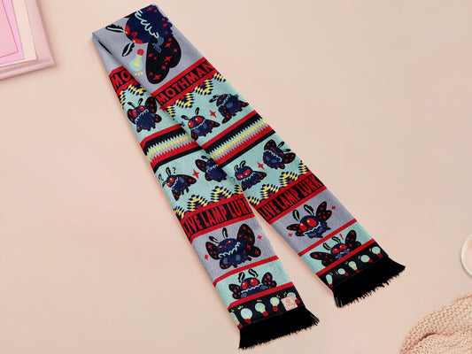 Cute knitted scraf a cryptid mothman pattern and tassles