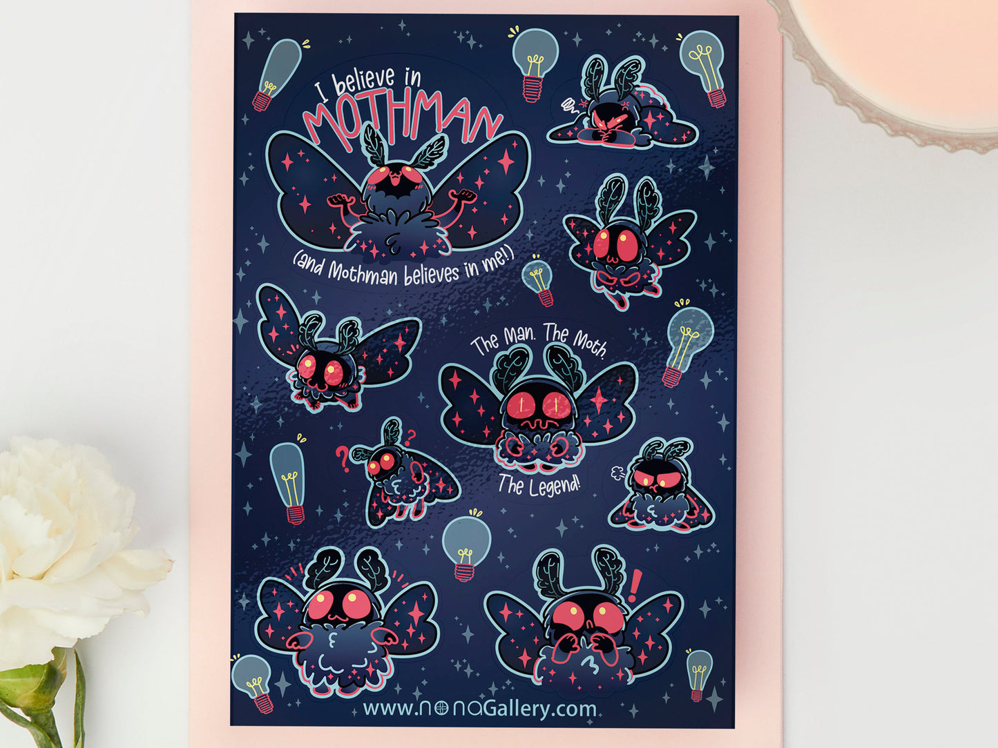 Cute large waterproof gloss vinyl sticker sheet of multiple chibi mothman cryptids