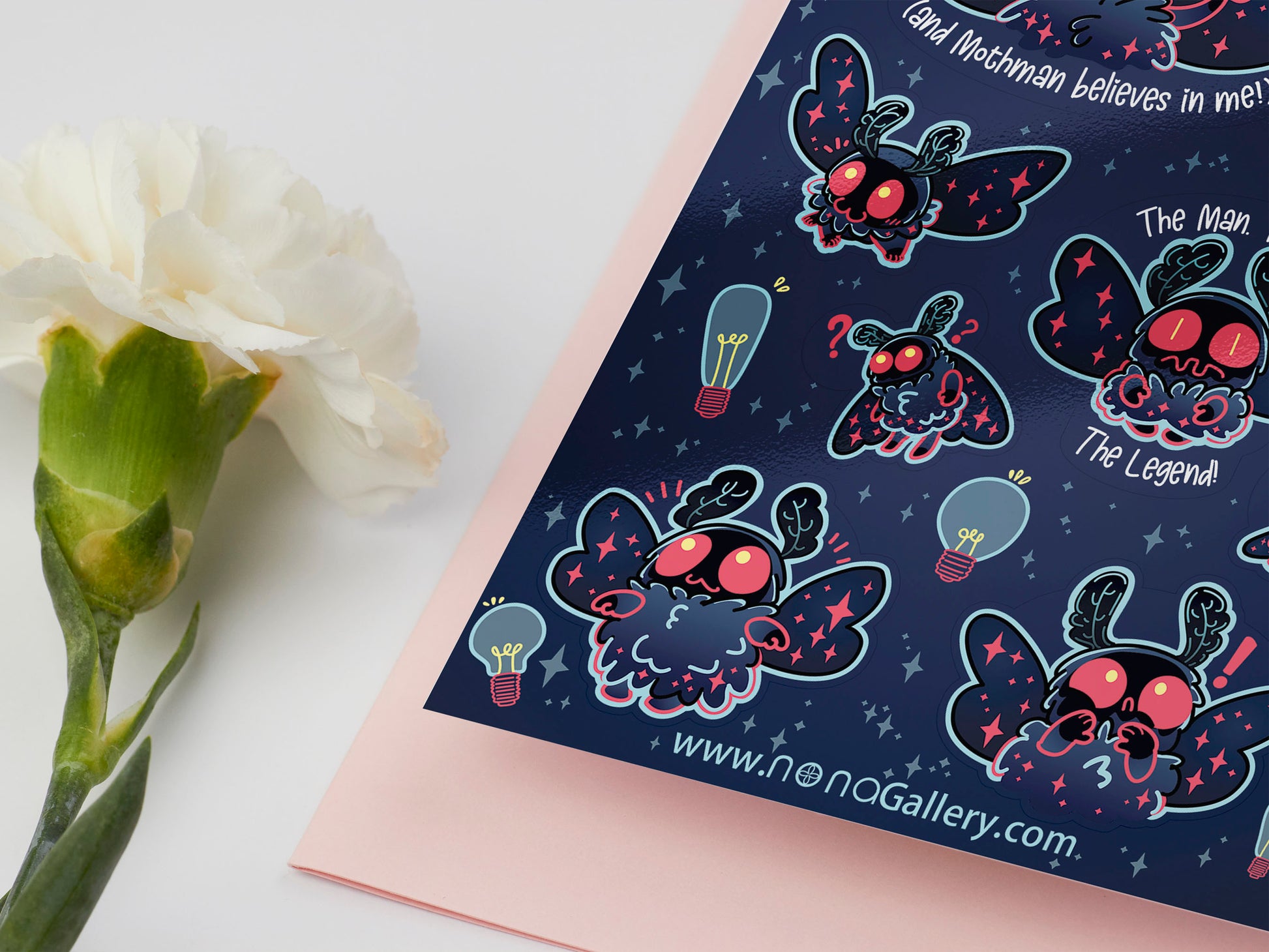 Cute large waterproof gloss vinyl sticker sheet of multiple chibi mothman cryptids