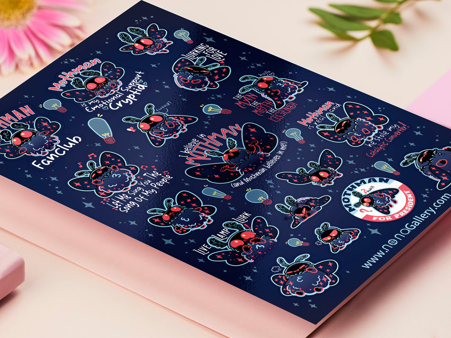 Cute large waterproof gloss vinyl sticker sheet of multiple chibi mothman cryptids
