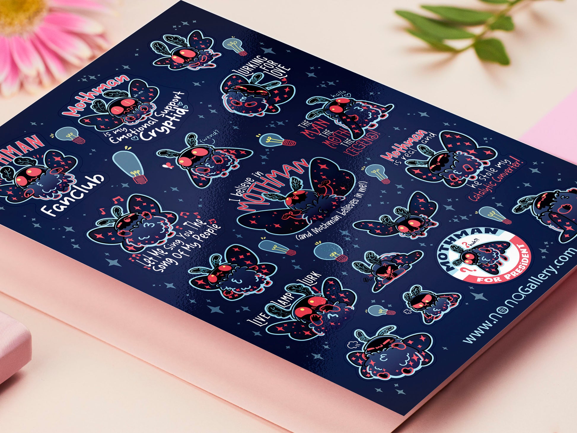 Cute large waterproof gloss vinyl sticker sheet of multiple chibi mothman cryptids