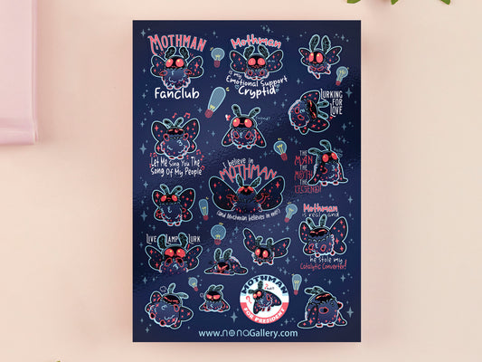 Cute large waterproof gloss vinyl sticker sheet of multiple chibi mothman cryptids
