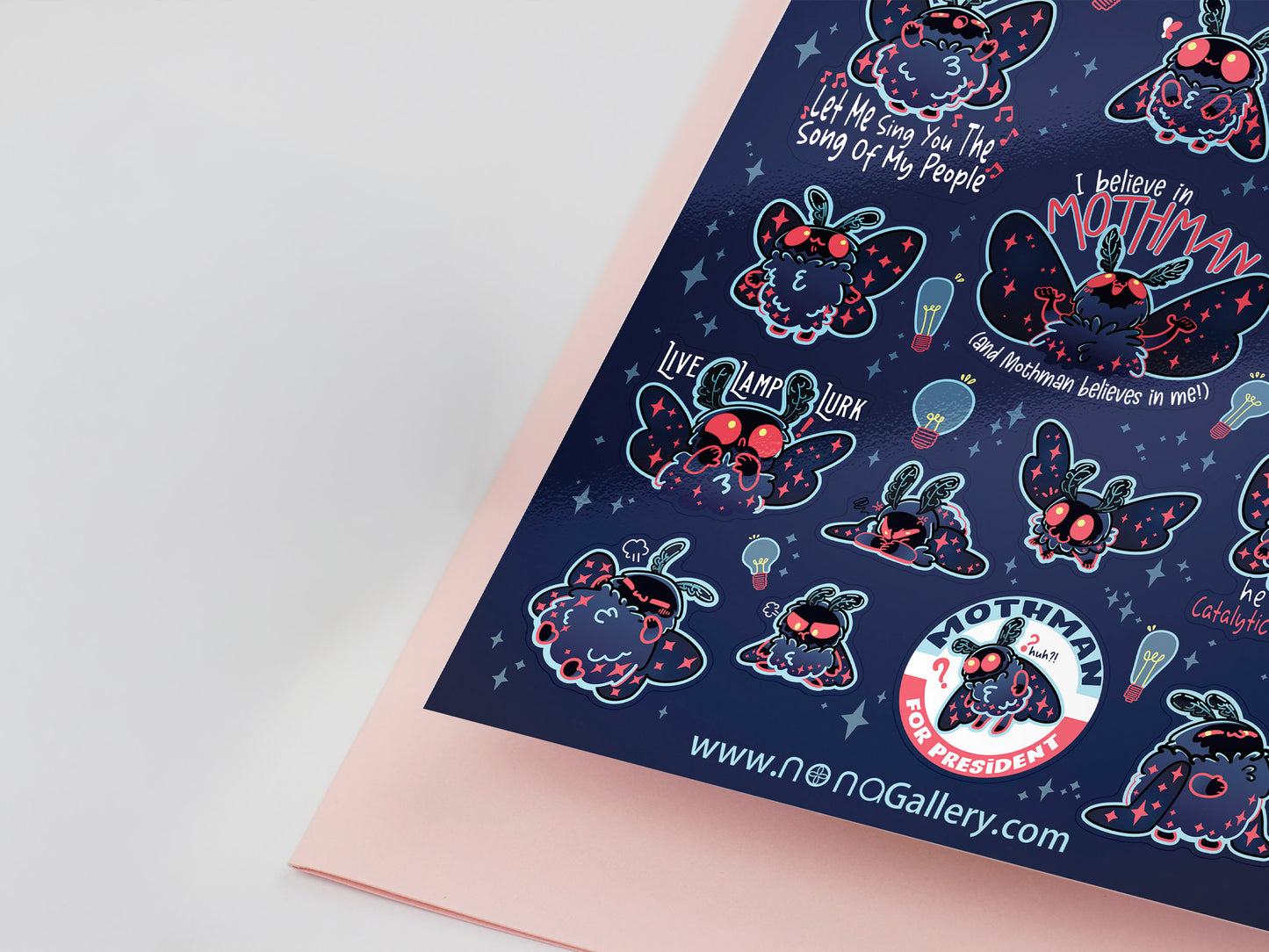 Cute large waterproof gloss vinyl sticker sheet of multiple chibi mothman cryptids