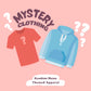 A red t-shirt and blue hoodie illustration surrounded by question marks and the text mystery clothing random meme themed apparel 