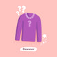 A purple sweater illustration surrounded by question marks and the text sweater, mystery clothing random meme themed apparel