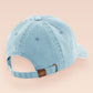 A vintage light blue baseball cap hat with an embroidered cute funny shrimp with the quote not so shrimple is it?