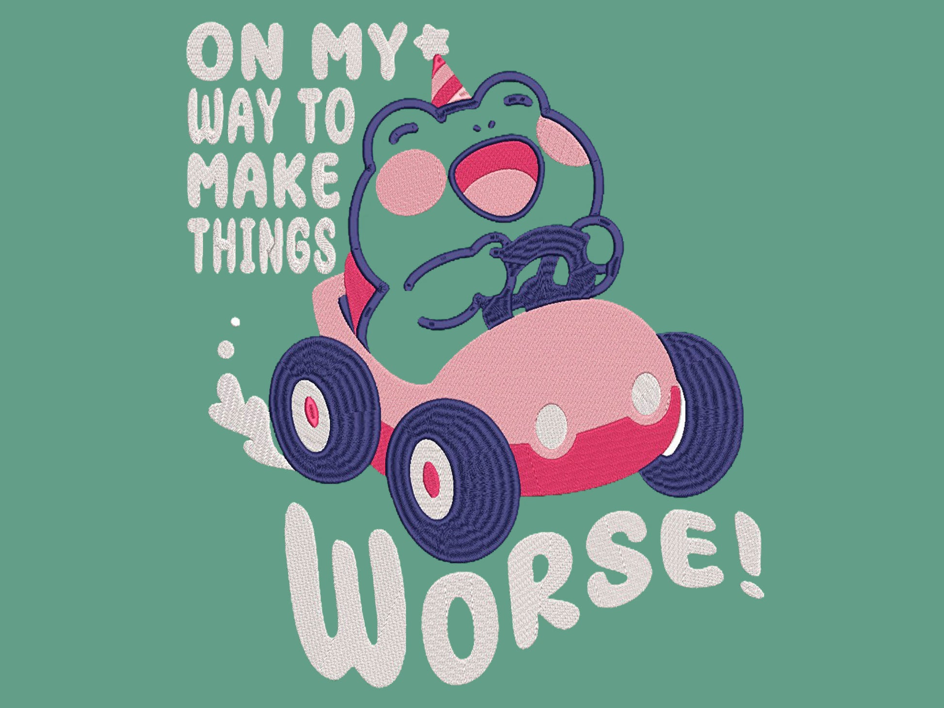 Green roll top twin handle backpack with an embroidered design of a cute frog in a pink car and the quote On My Way To Make Things Worse