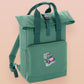 Green roll top twin handle backpack with an embroidered design of a cute frog in a pink car and the quote On My Way To Make Things Worse