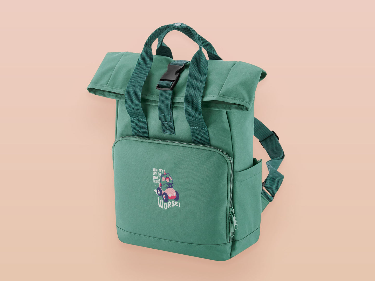 Green roll top twin handle backpack with an embroidered design of a cute frog in a pink car and the quote On My Way To Make Things Worse