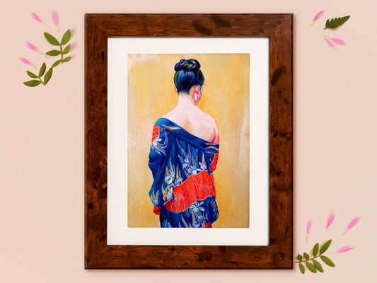 Brown framed oil painting with white frame mount. The painting itself is of a woman facing away wearing a blue iris kimono.