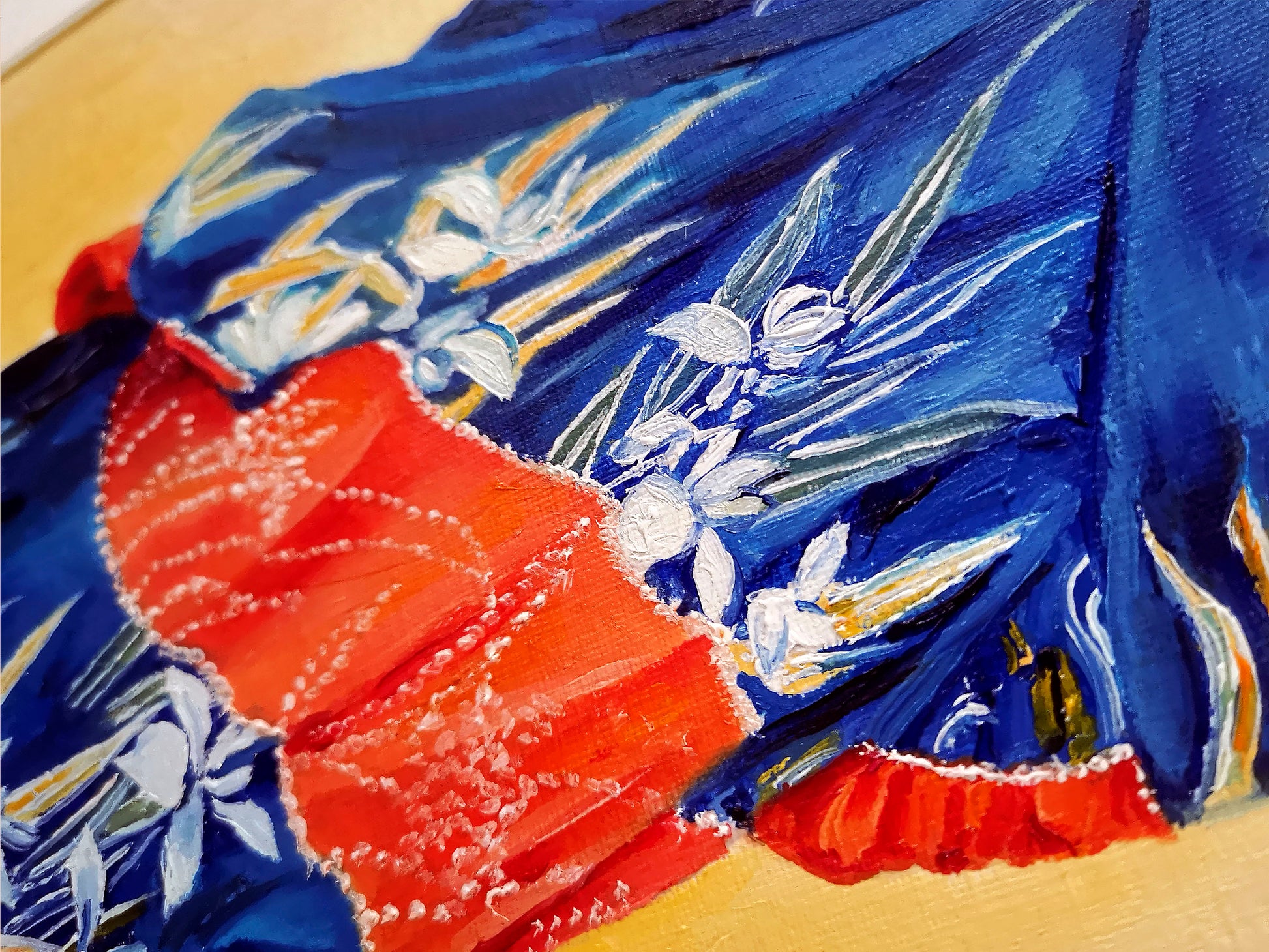 Close up of oil painting of a blue iris pattern kimono with red stripe and a yellow background.