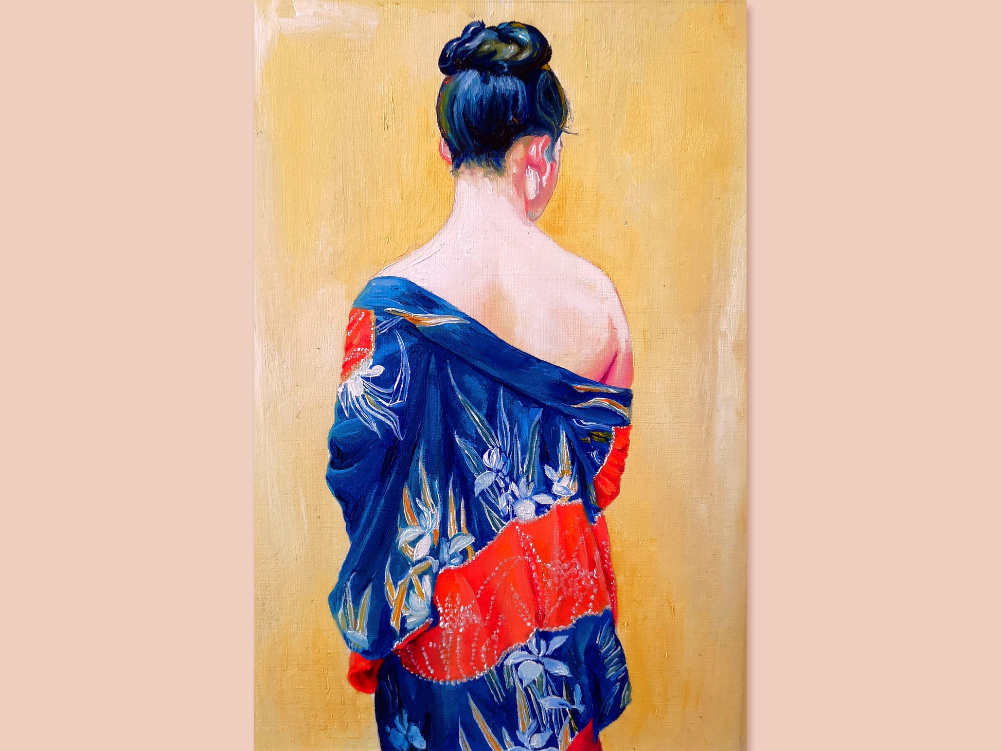 Oil painting of a woman facing away wearing a blue iris kimono. with a yellow background