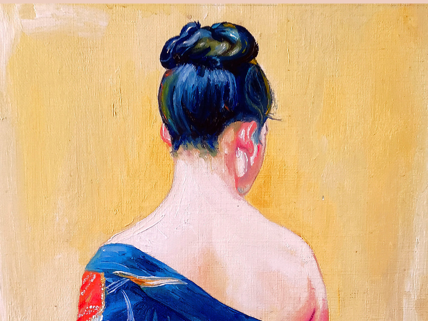 Close up of oil painting of the back of women's head wearing a blue kimono on a yellow background.