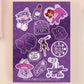 Large purple sticker sheet of digital illustrated cartoons of various space themed items and quotes