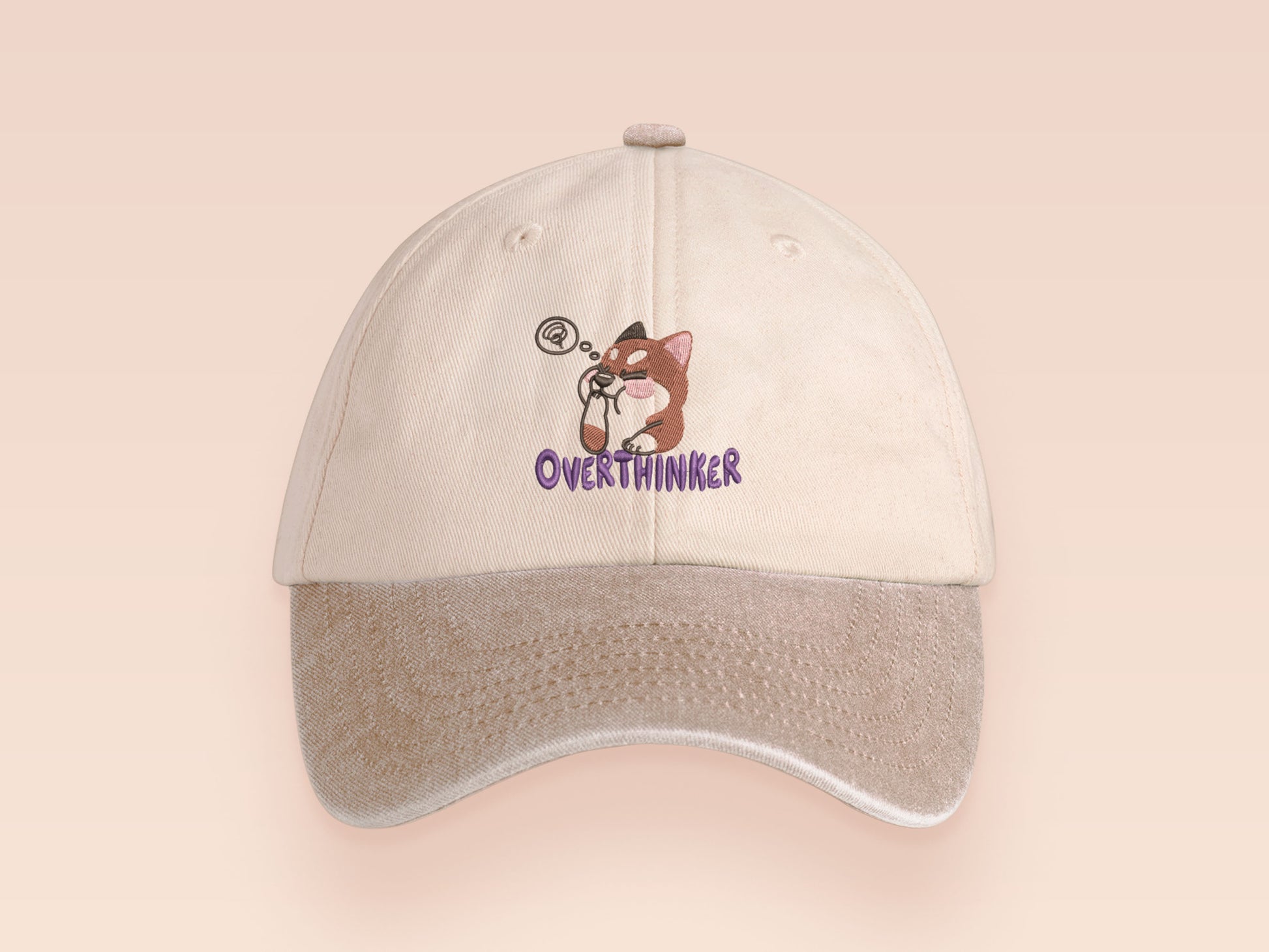 Vintage style truckers baseball cap with a contrast cream and sand peak design with an embroidered cute shiba inu dog overthinking with the quote Overthinker