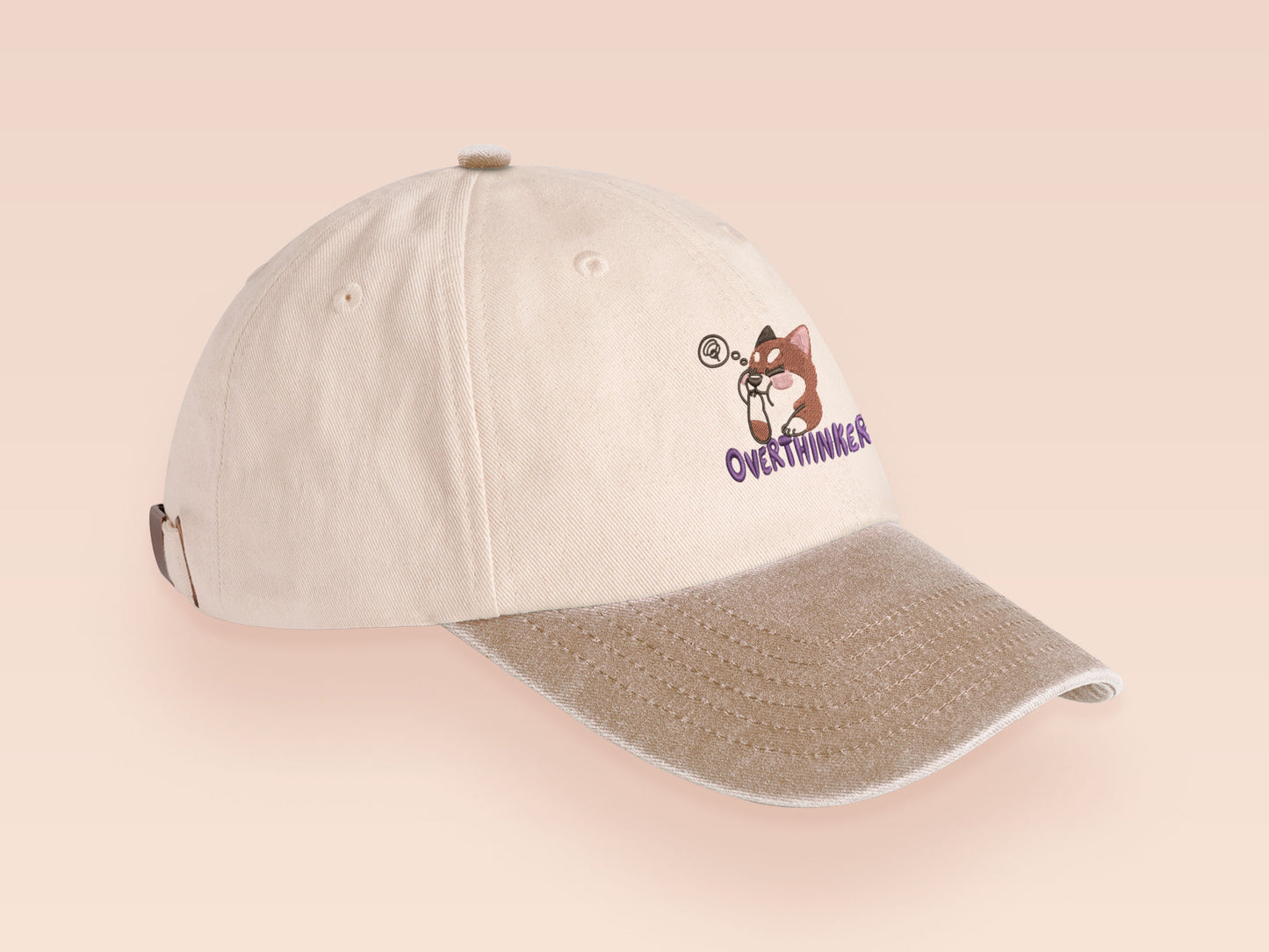 Vintage style truckers baseball cap with a contrast cream and sand peak design with an embroidered cute shiba inu dog overthinking with the quote Overthinker