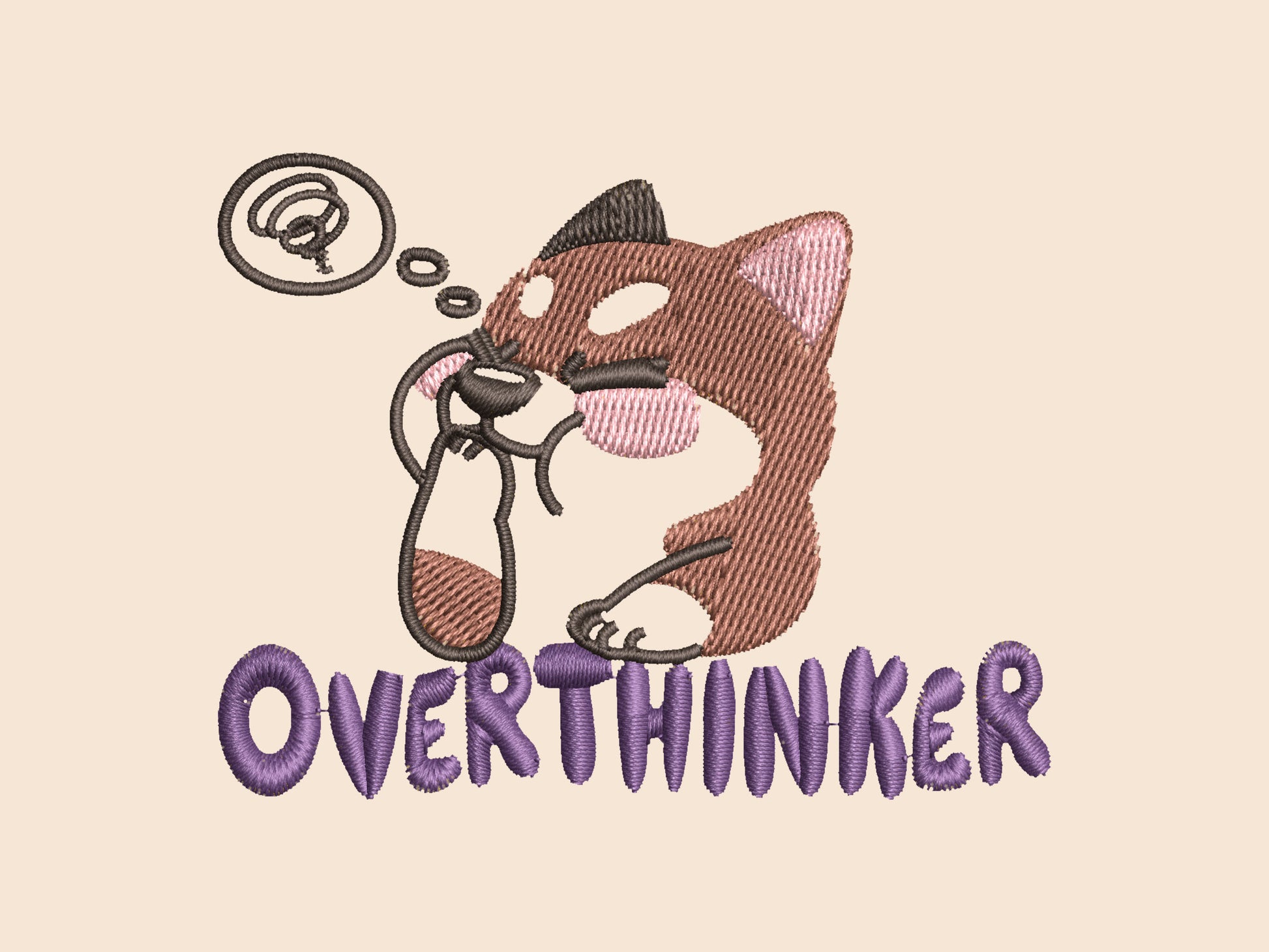 Vintage style truckers baseball cap with a contrast cream and sand peak design with an embroidered cute shiba inu dog overthinking with the quote Overthinker