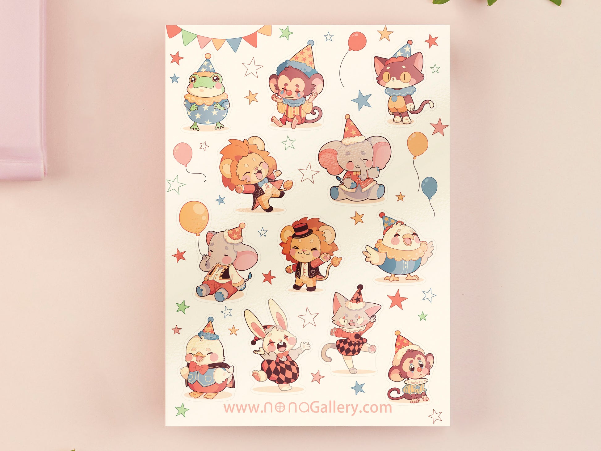 Large sticker sheet of digital illustrated cartoon cute animals wearing party hats and circus clothing in various poses and expressions. The animals include frogs, monkeys, cats, lions, elephants, chickens, birds, ducks, and bunny rabbits.