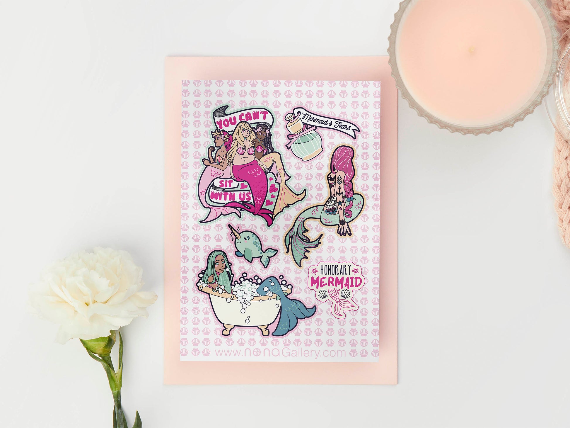 Large sticker sheet of digital illustration cartoons of mermaids, quotes, narwhals and perfume bottles
