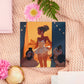 A square art print depicting a young girl in a ballet dress preparing to go on stage at a theatre to preform with a troop of penguins in suits and bow ties.