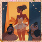A square art print depicting a young girl in a ballet dress preparing to go on stage at a theatre to preform with a troop of penguins in suits and bow ties.
