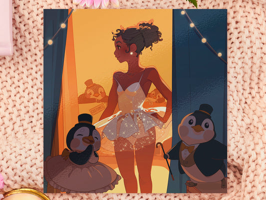 A square art print depicting a young girl in a ballet dress preparing to go on stage at a theatre to preform with a troop of penguins in suits and bow ties.