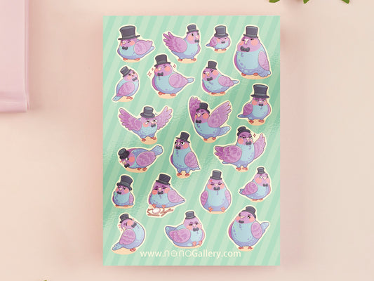 Large sticker sheet of digital illustrated cartoon pigeons wearing top hats and bow ties in various poses and expressions