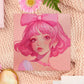 A square art print depicting a cute pink haired girl with freckles wearing a large pink bow