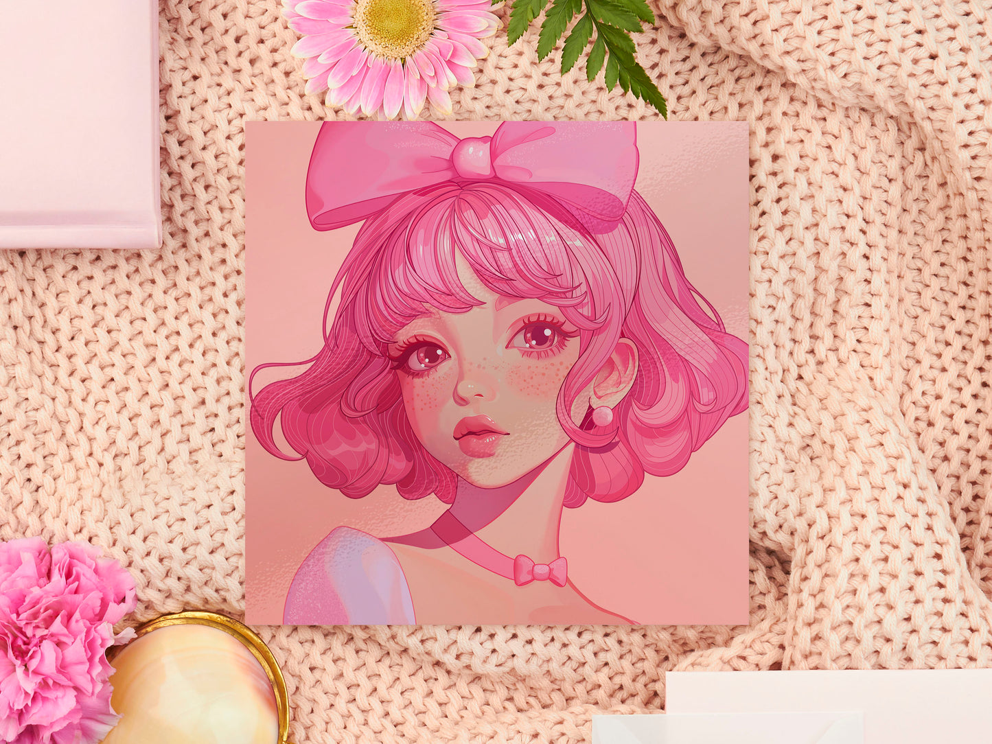 A square art print depicting a cute pink haired girl with freckles wearing a large pink bow