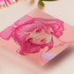 A square art print depicting a cute pink haired girl with freckles wearing a large pink bow