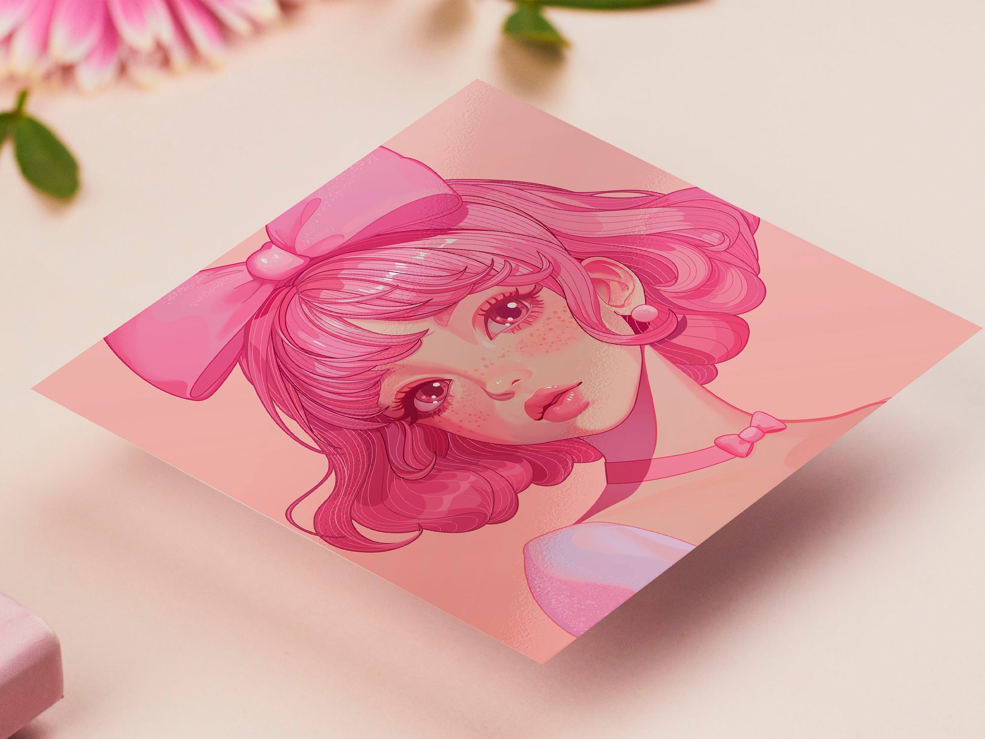 A square art print depicting a cute pink haired girl with freckles wearing a large pink bow