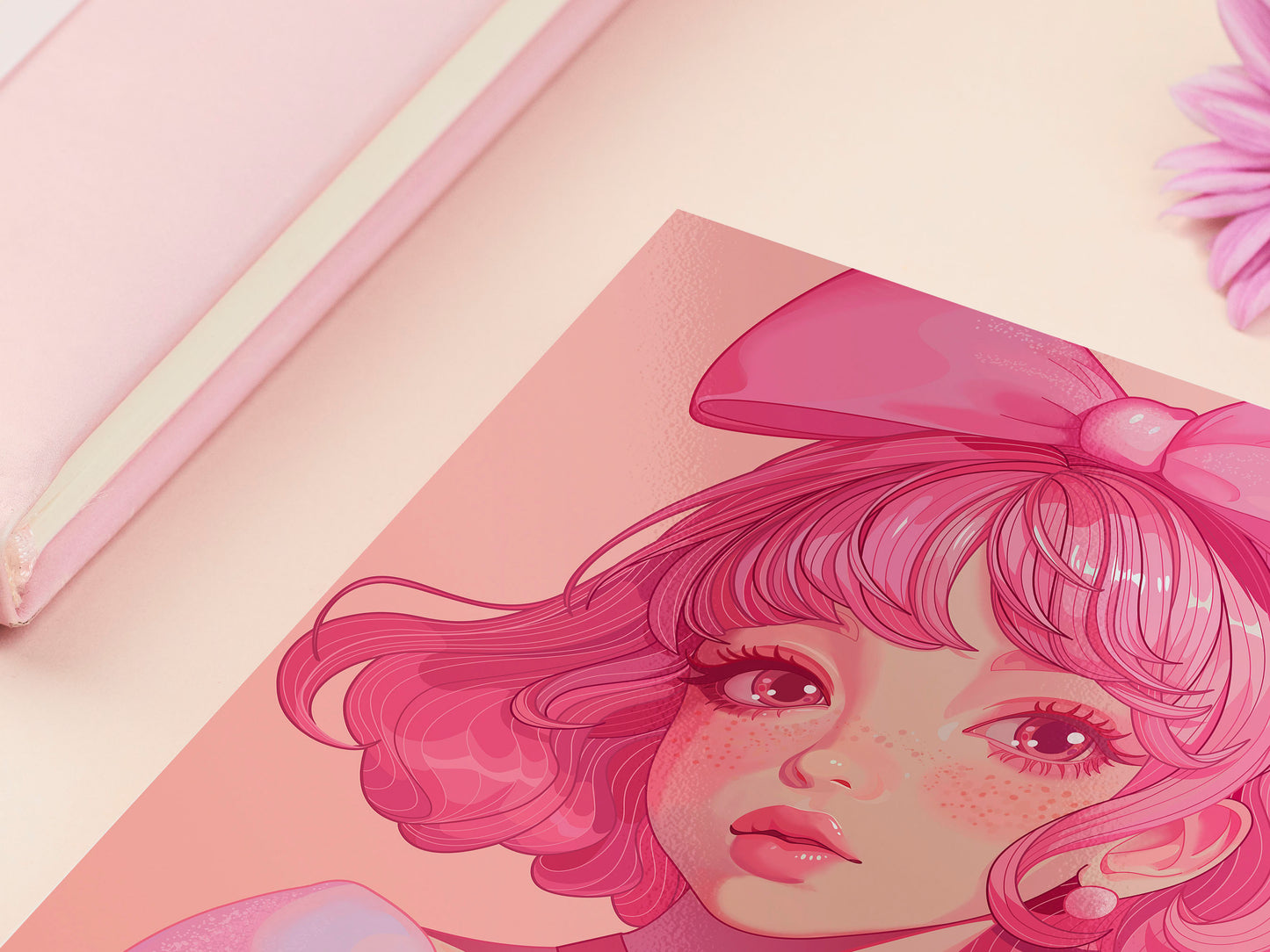 A square art print depicting a cute pink haired girl with freckles wearing a large pink bow