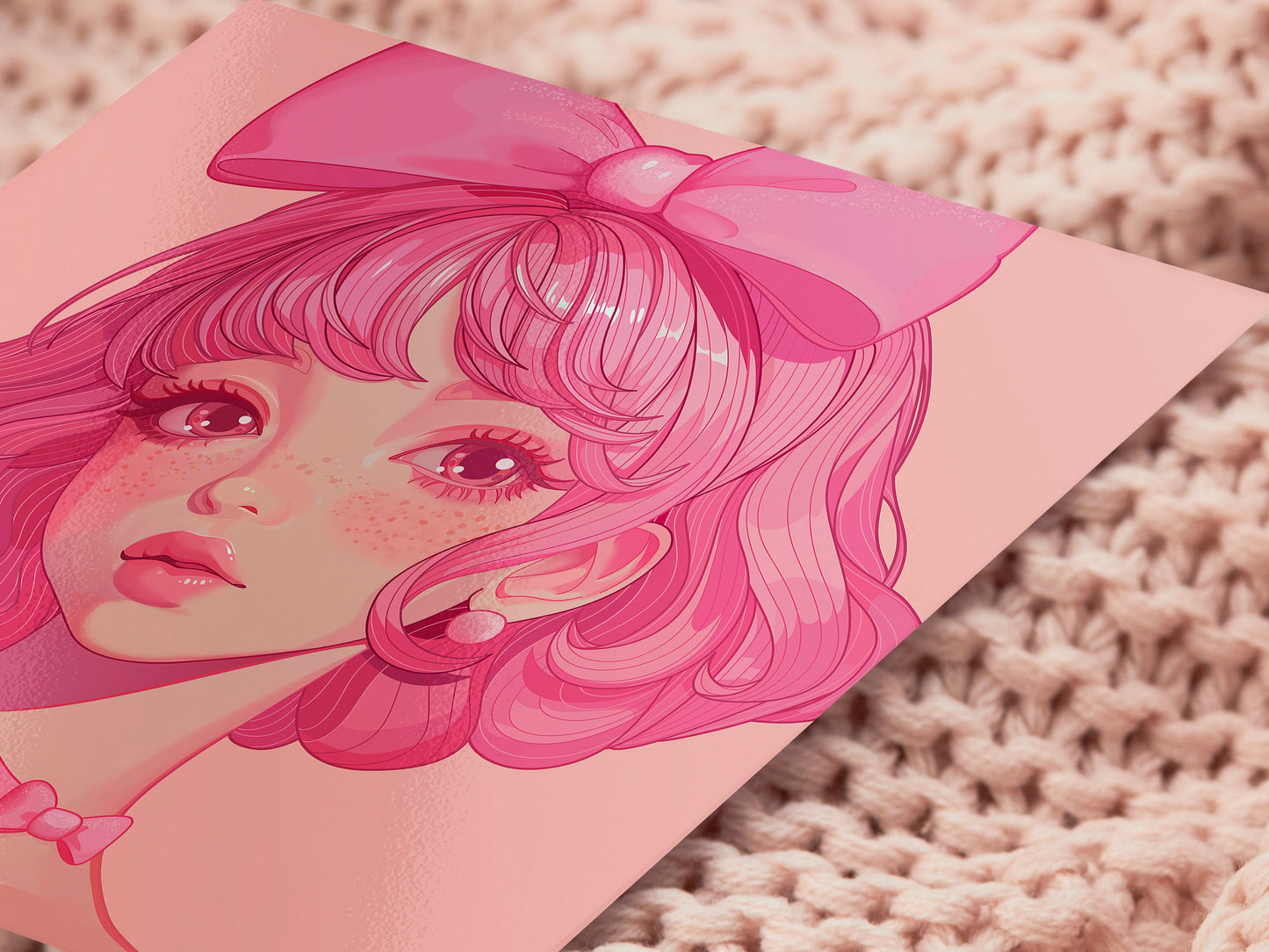 A square art print depicting a cute pink haired girl with freckles wearing a large pink bow