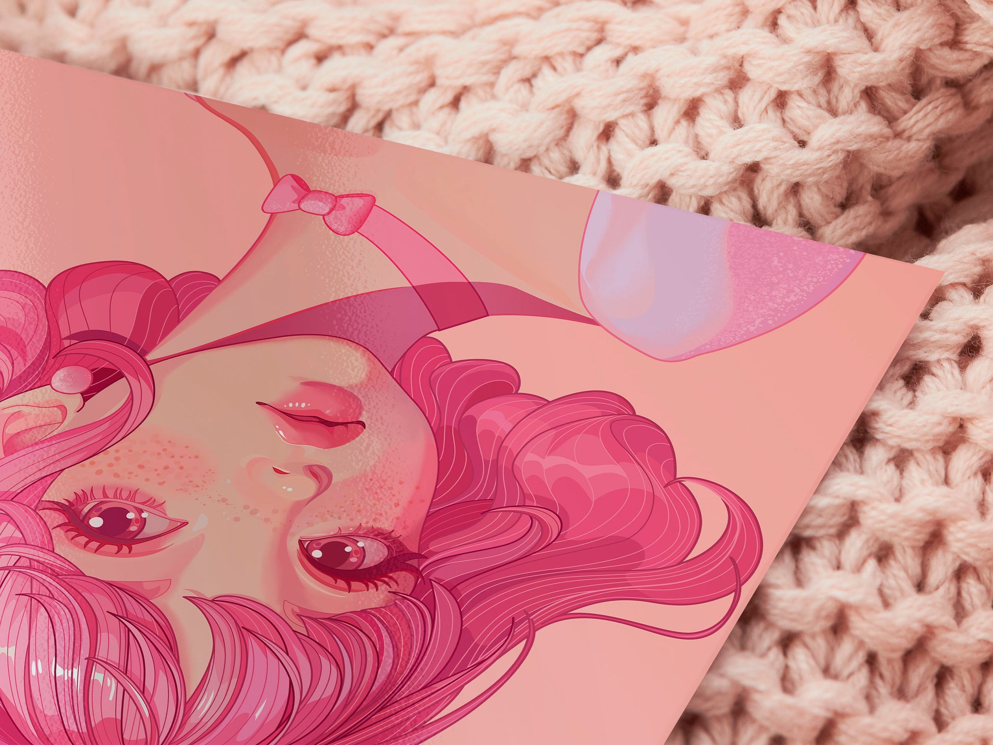 A square art print depicting a cute pink haired girl with freckles wearing a large pink bow